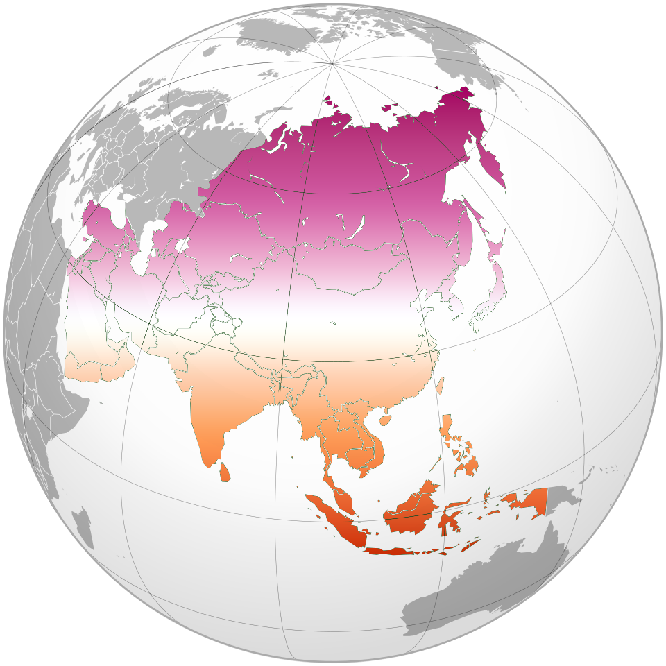 Topographical map of Asia showing mountain ranges and regional boundaries.
