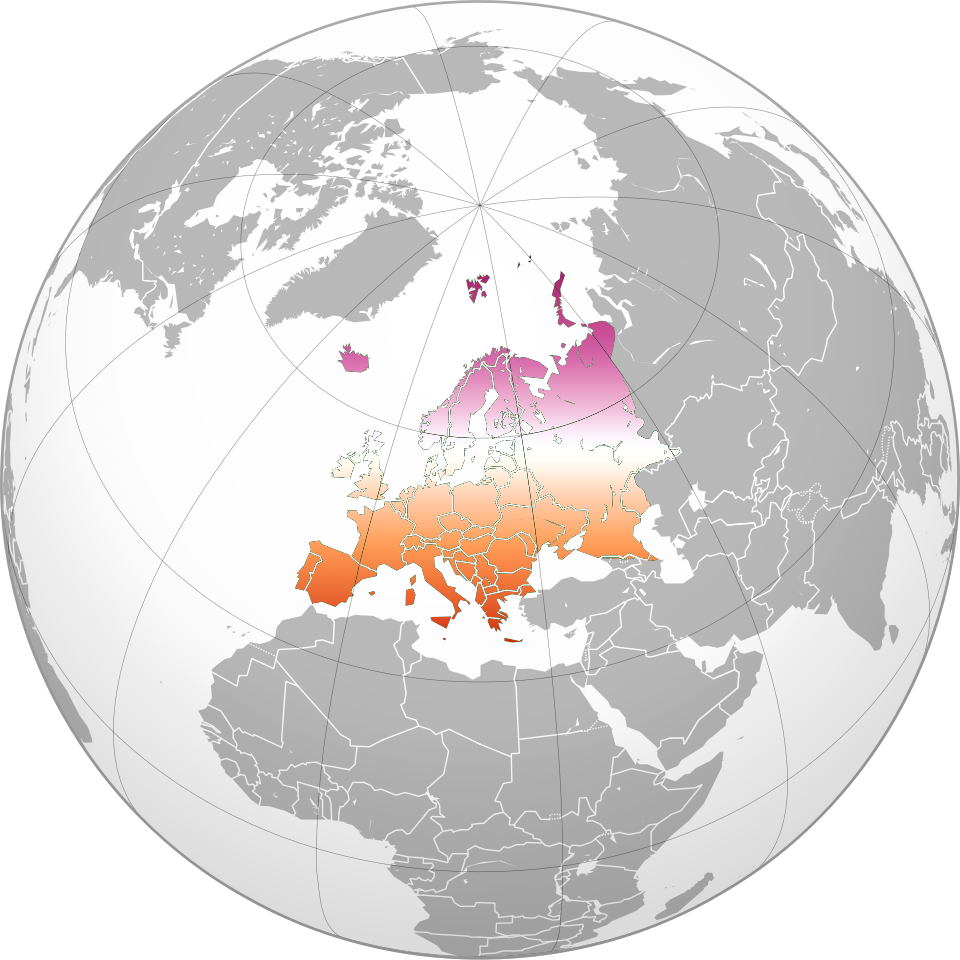 Satellite view of the European continent highlighting major countries and regions.
